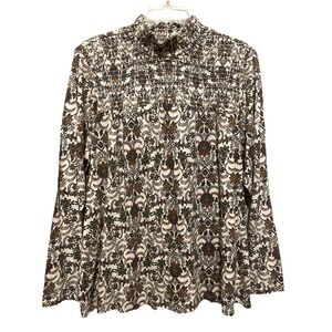 J Jill Printed Smocked Detail Top XL High Neck Barely Vibrant Damask Cotton Blnd